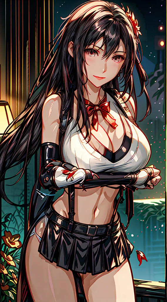 (8ｋ、highest quality、MASTERPIECE:1.2)、(photorealistic:1.3 of 7)、Super Detailed、girl 1 person、mature、solo、(Tifa Lockheart)、(big chest)、(((huge lift clothes to show bra)))、(((black bra)))、(beautiful eyes)、(smiling:1.2)、(Closed)、erotic pose、dance、neons、street scenery、Depth Of Field、Dark and strong shadows、Sharp focus、auto、motion blur、bike、Depth Of Field、composition、Glowing green light、Final Fantasy VII, (nose blush）、Single Elbow Pad、Ankle Boots、dark black hair、toned thighs、red boots、Elbow Gloves、Elbow pads、Fingerless Gloves、Taut Shirt、sports bra、（suspenders), (Black Skirt)、thights、white tank top、All over body、head rest、Lips、Facial、Low Tai Long Hair、(red_Ojo)、Yellow flowers、(night:1.3)、Complex、Bokeh、Cinematic Lighting、Photon mapping、Radiosity、physically based rendering、(Tetsuya Nomura Style)、NSFW、Perfect Breasts