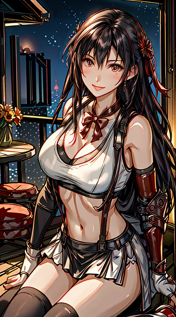 (8ｋ、highest quality、MASTERPIECE:1.2)、(photorealistic:1.3 of 7)、Super Detailed、girl 1 person、mature、solo、(Tifa Lockheart)、(big chest)、(((huge lift clothes to show bra)))、(((black bra)))、(beautiful eyes)、(smiling:1.2)、(Closed)、erotic pose、dance、neons、street scenery、Depth Of Field、Dark and strong shadows、Sharp focus、auto、motion blur、bike、Depth Of Field、composition、Glowing green light、Final Fantasy VII, (nose blush）、Single Elbow Pad、Ankle Boots、dark black hair、toned thighs、red boots、Elbow Gloves、Elbow pads、Fingerless Gloves、Taut Shirt、sports bra、（suspenders), (Black Skirt)、thights、white tank top、All over body、head rest、Lips、Facial、Low Tai Long Hair、(red_Ojo)、Yellow flowers、(night:1.3)、Complex、Bokeh、Cinematic Lighting、Photon mapping、Radiosity、physically based rendering、(Tetsuya Nomura Style)、NSFW、Perfect Breasts