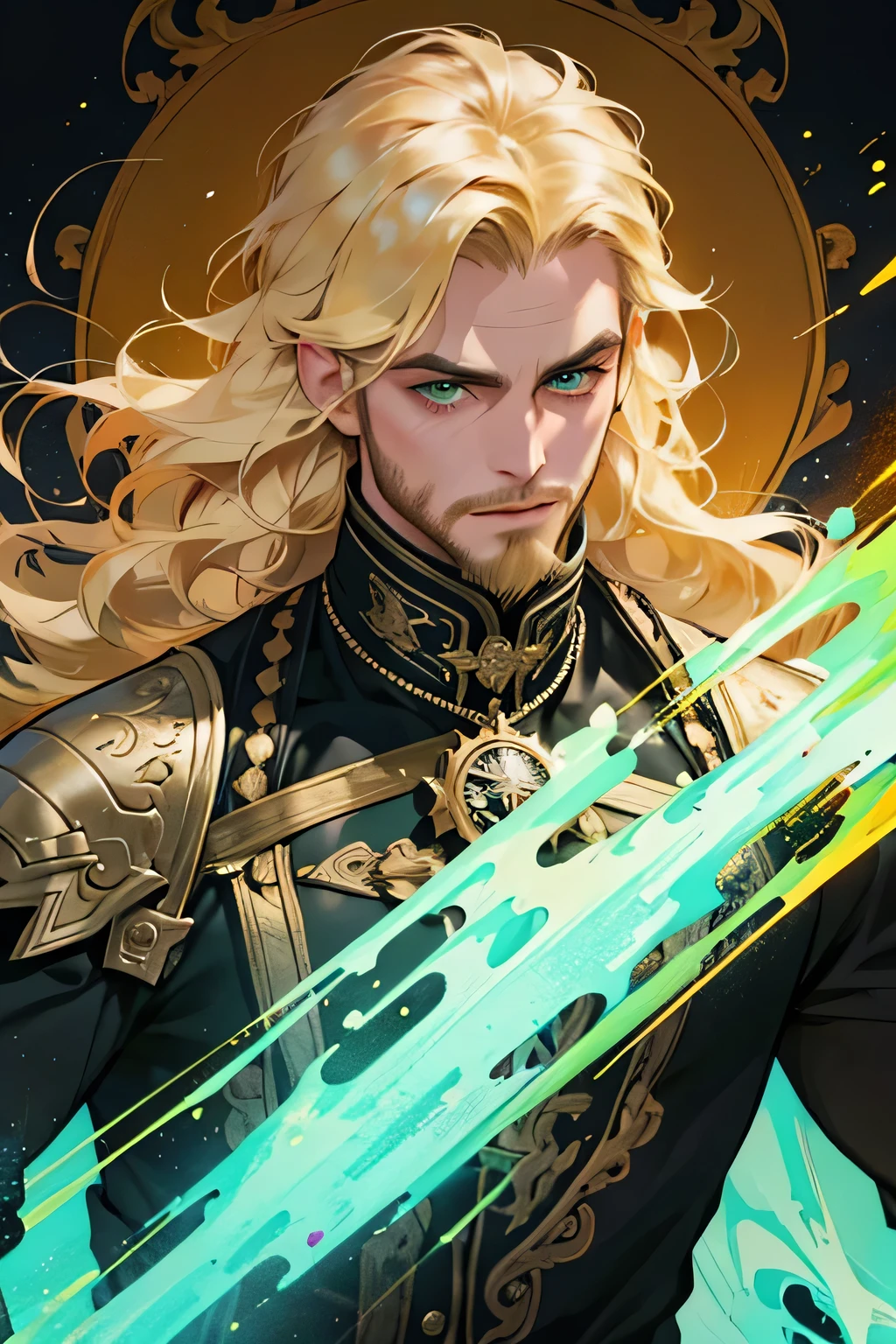 "masterpiece, noise suppression, one man, Best quality, sharp image, permission 8k, male focus, sharp image, stunning composition, volumetric lighting, super quality, Very detailed, fantasy. man fantasy король, curly blonde golden locks, neat light beard, expressive green eyes. King man. man."