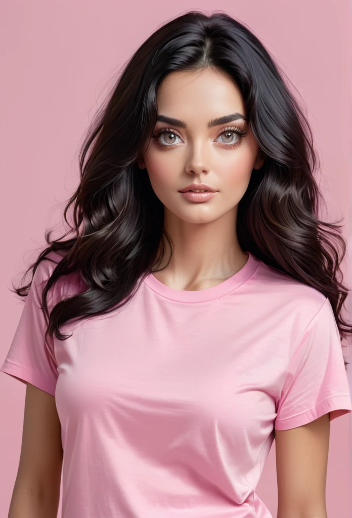 realistic woman, long and wavy black hair ,eyes browns ,wearing a pink t-shirt