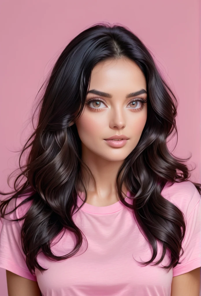realistic woman, long and wavy black hair ,eyes browns ,wearing a pink t-shirt 