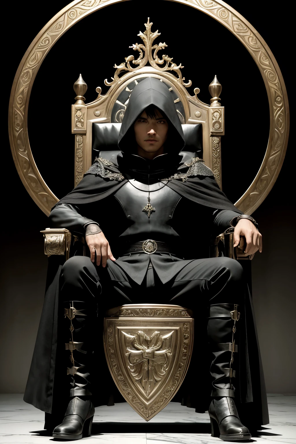 an RPG warrior ,He is 35 years old ,medieval adventurer, black armor black cloak black hood, short black curly hair ,sitting on a marble throne ,Hands resting on the throne ,legs apart  