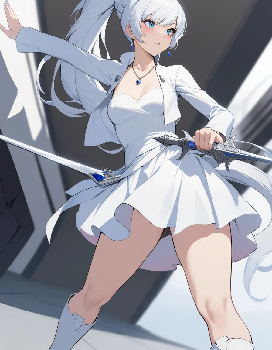 nsfw, masterpiece,best quality,1girl, weiss schnee, solo, holding sword, rapier, cropped jacket, necklace, boots, left-handed, white footwear, white dress, pendant, short dress, scar on face, long sleeves, high heels, earrings