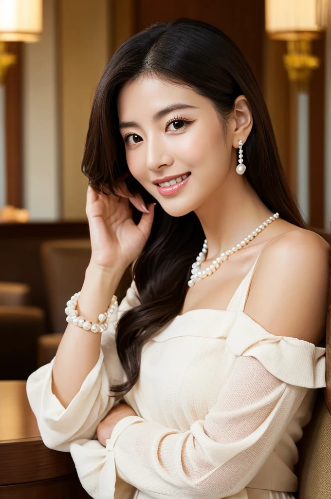 VIP room of hotel lounge, lounge mama of resort hotel, ((full body)), ((photo)), ((best qualtiy, 8K, tmasterpiece:1.3)), Focus:1.2, perfect figure beautiful woman:1.4, 1woman, cowboy shot, look at viewer, eyes facing the camera, incredibly absurd, beautiful and cute woman with a photorealistic face, showcasing top-quality craftsmanship, A Japanese woman welcoming guests in the Japanese-style lounge of a resort hotel, 37 years old, has long, lustrous black hair, long jet black hair, elegantly styled, beautiful hair, fair skin, smooth skin, well-defined facial features, gentle eyebrows, plump lips, bright smile, well-aligned teeth, deep brown eyes that exude intelligence and sexiness, refined facial features, beautiful skin, elegant atmosphere, tall, glamorous, well-balanced proportions, large G-cup breasts, a cool pale blue dress with a waist-marked design and elegant frills on the sleeves and skirt, pearl earrings and necklace, a diamond ring on the ring finger of the left hand, a silver bracelet on the right wrist, beautiful, mature, neat, cute voice, soothing, Japanese-style beauty, cheerful and kind, a good listener who can get along with anyone, mysterious with a deep loneliness inside, hardworking, expressive with rich emotions, also has a playful side, August
