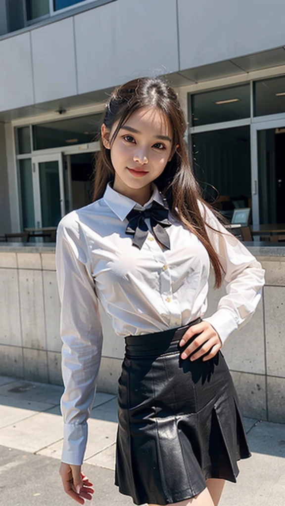 (8K, Raw photo, Best Quality, masutepiece:1.2), (Realistic, Photorealsitic:1.37), Ultra-detailed, 1 girl, Very cute girl,Beautiful detailed sky,Detailed abandoned school building,summer,(nose blush),Black knee-high socks,Ponytail,14 years old,(Mischievous smile:1.2),(Poses that seduce just a little bit:1.3),G Cup Breasts,Beautiful detailed eyes,(white shirt with a neat tight collar,,,Unexposed skin:1.2), bowtie,Pleated skirt,Floating hair,A slender,Junior high ,