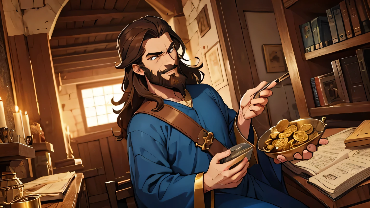 old priest with brown hair and beard in corrupt blue tunic with evil look in Israel 4th century BC
smiling evilly with bag of gold coins in hand