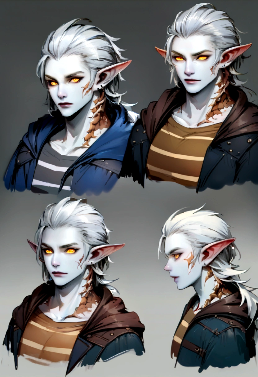 ((concept)), ((concept art)) (best qualityer)), ((work of art)), ((RPG)),  1 adult male, hybrid, ((half elf and half draconic)), ((white skin and semi-scaly skin)), medium silver hair, ((golden amber eyes and draconic eyes)), scales on necks, adventurer outfit, leather cover,longCap, striped shirt, blue and copper shirt, blue pants, shoes black, background mountains, background trees