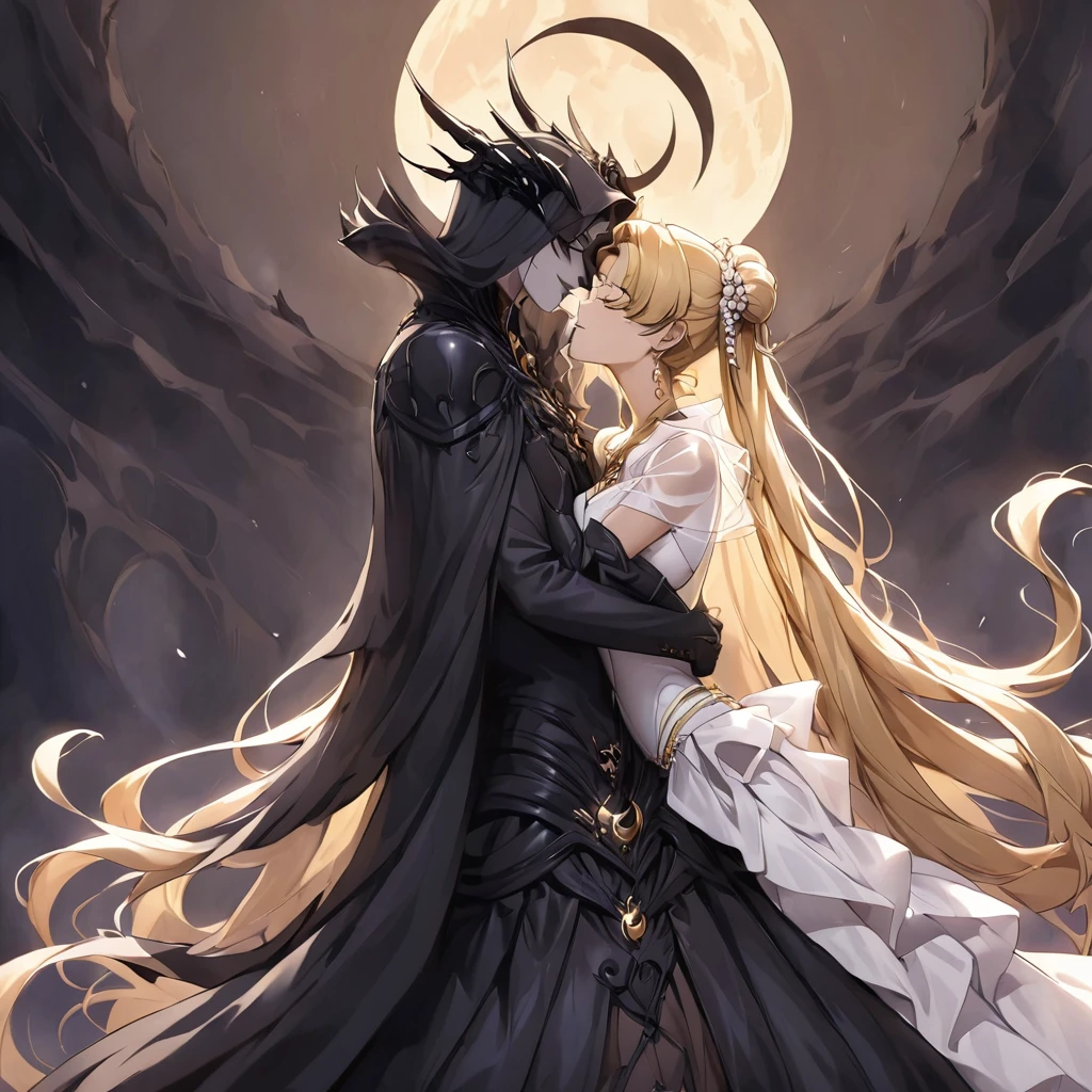 ((Highest quality)), ((masterpiece)), (detailed), (Perfect Face)、The woman is a dark queen with a black inverted crescent moon mark on her forehead, wearing a gorgeous, glittering black Gothic Victorian dress, a black veil, and a black see-through cape, as well as luxurious jeweled accessories.、The man is a majestic, evil and powerful demon king.、The Demon King of the Black Moon and the Dark Queen of the Black Moon in love、The woman is Black Serenity, the noble dark queen of the Black Moon clan and has blonde hair.2The woman with long hair tied up is Princess Serenity、The woman embraces the strong and evil demon king, kisses him, and gets married in the Black Moon Temple.、The woman is a dark queen with a black inverted crescent moon mark on her forehead, wearing a gorgeous, glittering black Gothic Victorian dress, a black veil, and a black see-through cape, as well as luxurious jeweled accessories.で幸せそうな表情の漆黒のプリンセスセレニティで恋する乙女の表情、A woman and a strong, evil demon king man are embracing the dark bride woman, kissing her vows and getting married.、The man is a strong and evil demon king, who embraces the woman, kisses her vows, and holds a wedding ceremony in the Temple of the Black Moon.、Men and women in love