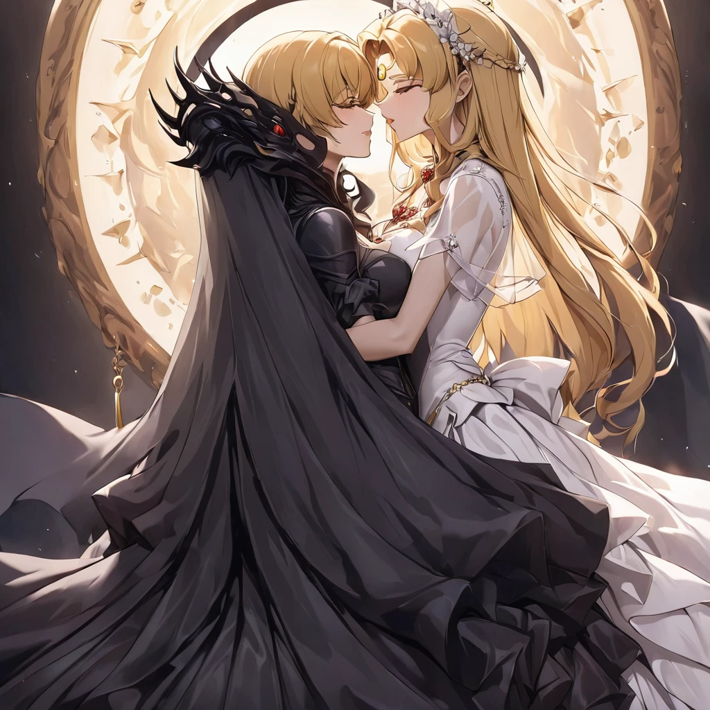 ((Highest quality)), ((masterpiece)), (detailed), (Perfect Face)、The woman is a dark queen with a black inverted crescent moon mark on her forehead, wearing a gorgeous, glittering black Gothic Victorian dress, a black veil, and a black see-through cape, as well as luxurious jeweled accessories.、The man is a majestic, evil and powerful demon king.、The Demon King of the Black Moon and the Dark Queen of the Black Moon in love、The woman is Black Serenity, the noble dark queen of the Black Moon clan and has blonde hair.2The woman with long hair tied up is Princess Serenity、The woman embraces the strong and evil demon king, kisses him, and gets married in the Black Moon Temple.、The woman is a dark queen with a black inverted crescent moon mark on her forehead, wearing a gorgeous, glittering black Gothic Victorian dress, a black veil, and a black see-through cape, as well as luxurious jeweled accessories.で幸せそうな表情の漆黒のプリンセスセレニティで恋する乙女の表情、A woman and a strong, evil demon king man are embracing the dark bride woman, kissing her vows and getting married.、The man is a strong and evil demon king, who embraces the woman, kisses her vows, and holds a wedding ceremony in the Temple of the Black Moon.、Men and women in love