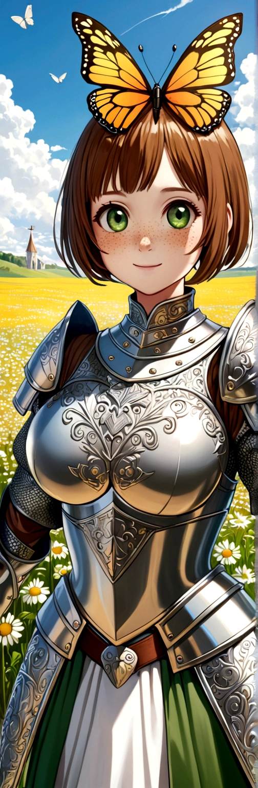 Masterpiece, hyper detailed, 1girl , smiley face, freckles, wide forehead, big eyes, green eyes, short bowl haircut, brown hair BREAK very intricate detailed medieval armor shiny with big shoulder defense, no helmet BREAK standing in middle camomile plain, butterfly's flying around, sunny day, ((big boobs))