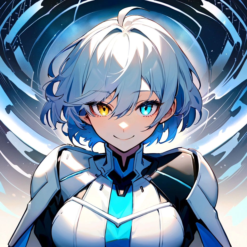make me a female, 36 years old, blue very very very short hair, heterochromia eyes, she's smiling slightly, cyber clothes, blue and white outfit
