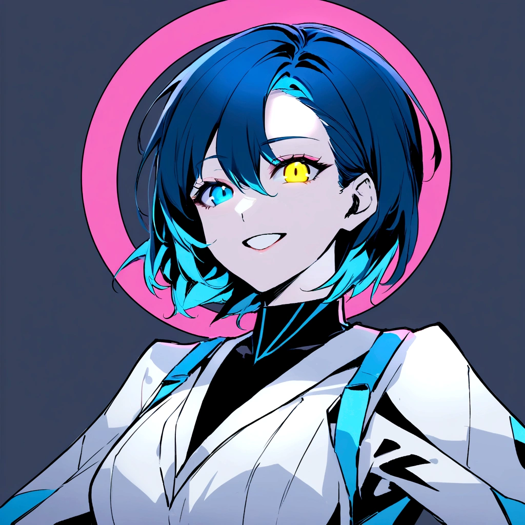 make me a female, 36 years old, blue very very very short hair, heterochromia eyes, she's smiling slightly, cyber clothes, blue and white outfit
