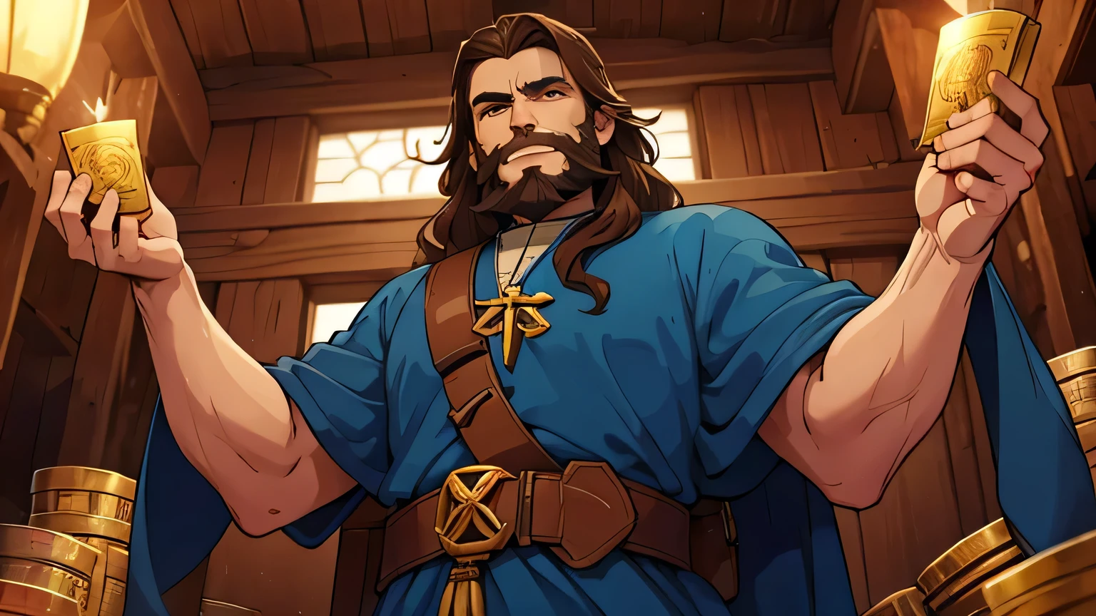 old priest with brown hair and beard in corrupt blue tunic with evil look in Israel 4th century BC
smiling evilly with bag of gold coins in hand