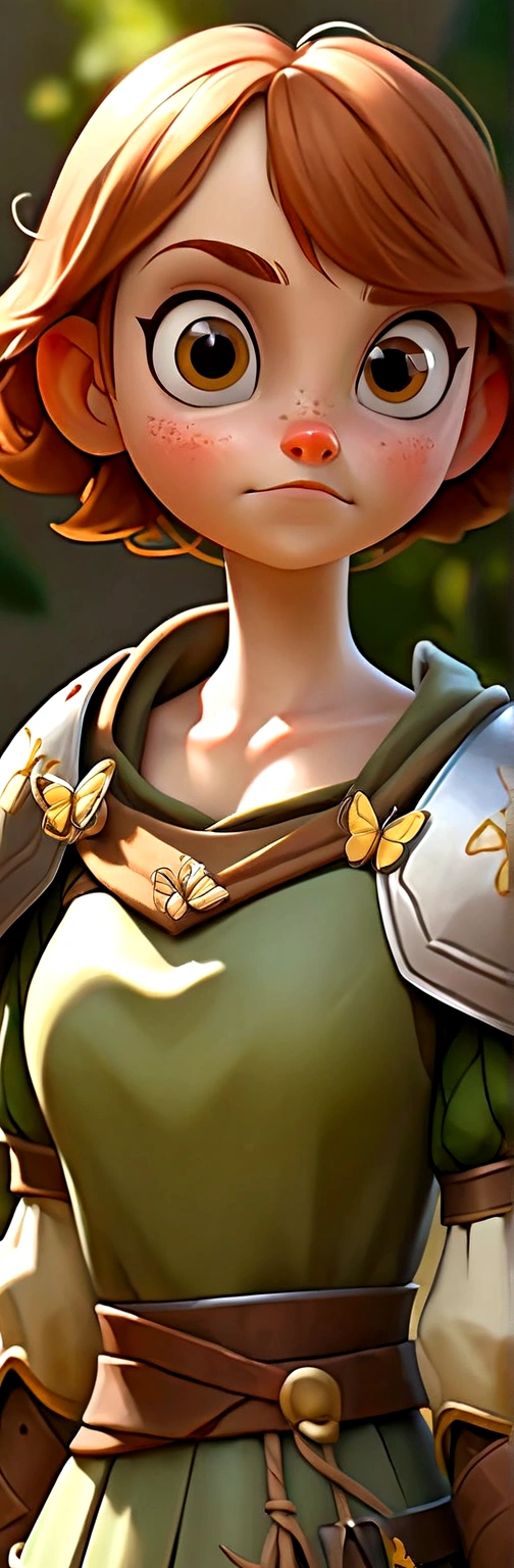 Masterpiece, hyper detailed, 1girl, , smiley face, freckles, wide forehead, big eyes, green eyes, short bowl haircut, brown hair BREAK very intricate detailed medieval armor shiny with big shoulder defense, no helmet BREAK standing in middle camomile plain, butterfly's flying around, sunny day, ((big boobs))