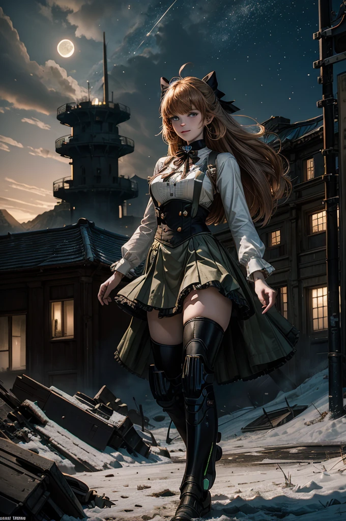 cowboy shot, (dynamic pose), smile, underbust, Penny Polendina, long hair, neck ribbon, suspender skirt, corset, black bow, white blouse, mechanical legs, neon trim, ((walking with people in city ruins on hill, overlooking valley)), BREAK night, stars, moon, snow, BREAK mountains in background, waterfall, vehicle wreck, ((people in military uniform)), bonfires, post-apocalypse, dystopian future, (volumetric lighting), intricate details, tonemapping, sharp focus, hyper detailed