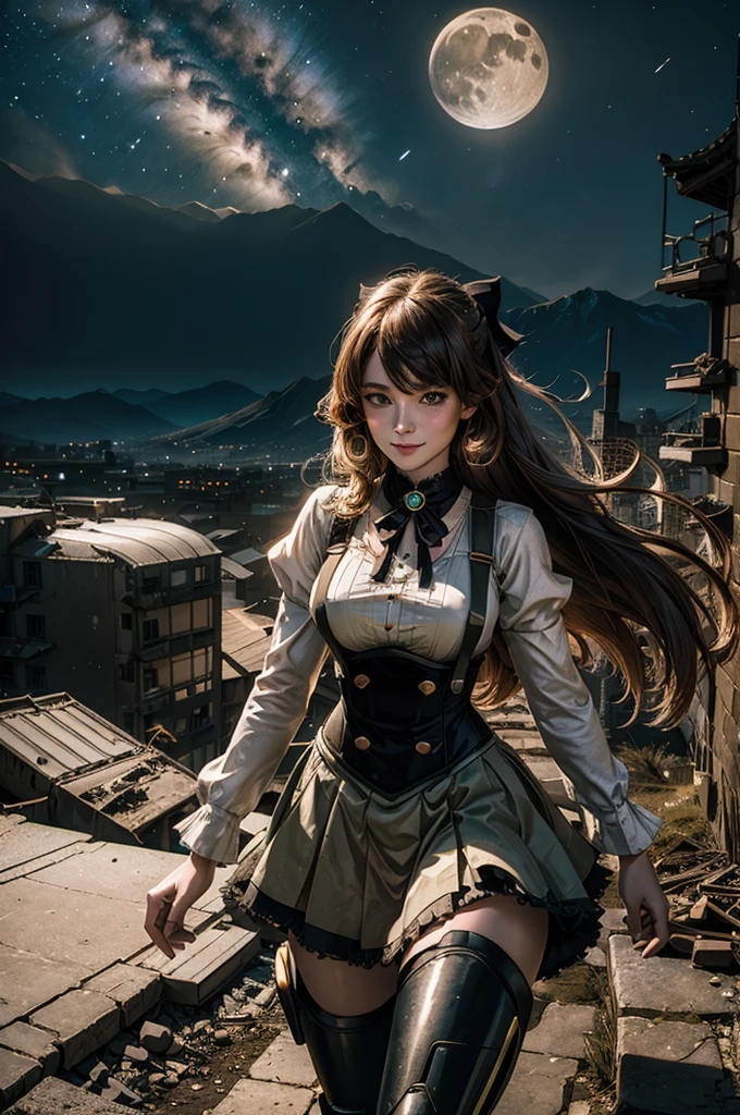 cowboy shot, (dynamic pose), smile, underbust, Penny Polendina, long hair, neck ribbon, suspender skirt, corset, black bow, white blouse, mechanical legs, neon trim, ((walking with people in city ruins on hill, overlooking valley)), BREAK night, stars, moon, snow, BREAK mountains in background, waterfall, vehicle wreck, ((people in military uniform)), bonfires, post-apocalypse, dystopian future, (volumetric lighting), intricate details, tonemapping, sharp focus, hyper detailed