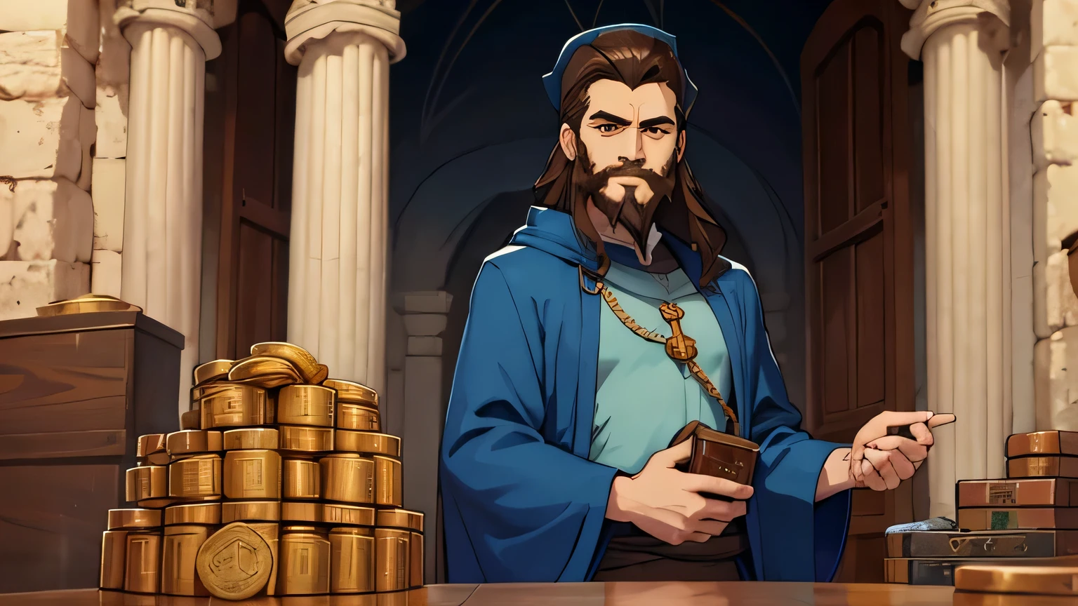 old priest with brown hair and beard in corrupt blue tunic with evil look in Israel 4th century BC
smiling evilly with bag of gold coins in hand