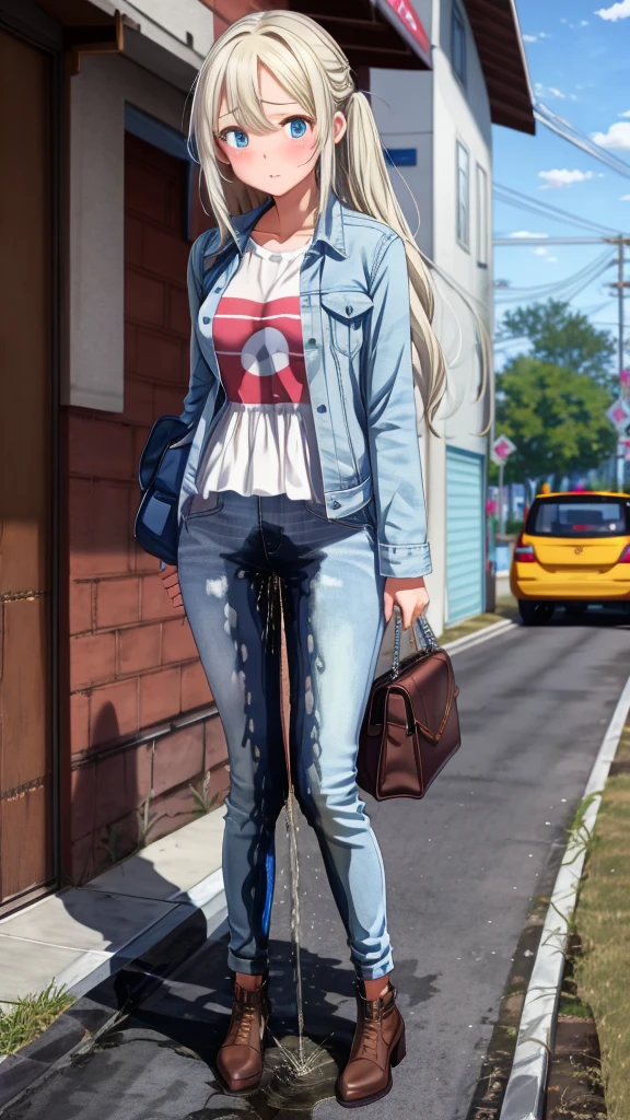 ((best quality, masterpiece:1.3, 8K)), (detailed), highly detailed face and skin texture, detailed eyes, downtown, full body, slender body, 1girl, 25 years old, white skin, blue eyes, worried, embarrassed, long hair, (forehead:0.8), (stylish top:1.2, denim pants, blue jeans), footwear, peeing jeans, peeing pants, pee stain, (wetting herself), desperation,