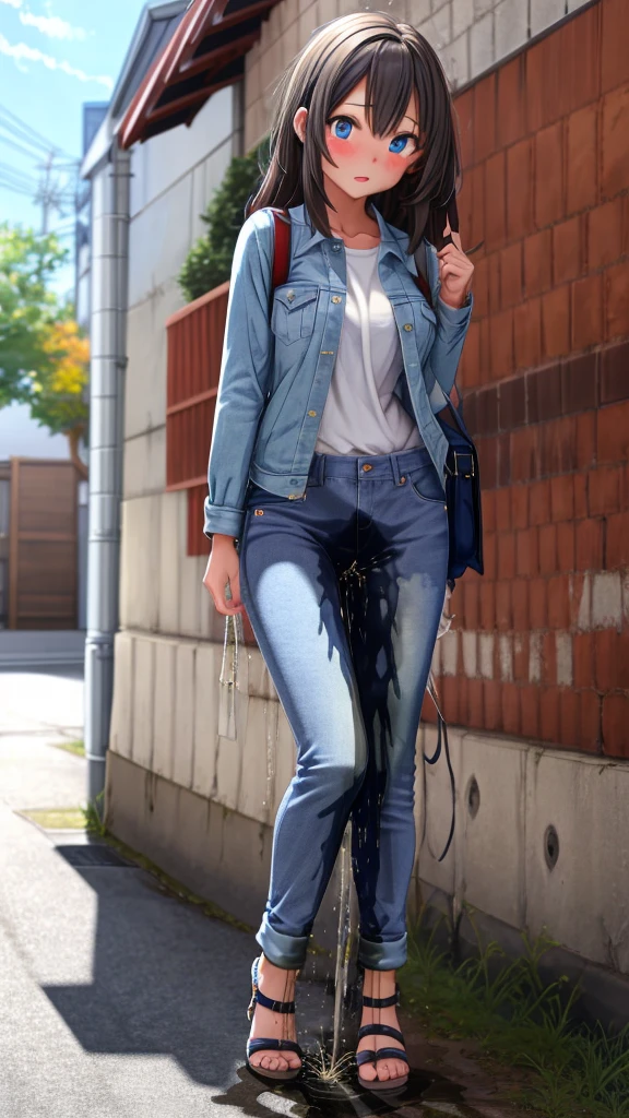 ((best quality, masterpiece:1.3, 8K)), (detailed), highly detailed face and skin texture, detailed eyes, downtown, full body, slender body, 1girl, 25 years old, white skin, blue eyes, worried, embarrassed, long hair, (forehead:0.8), (stylish top:1.2, denim pants, blue jeans), footwear, peeing jeans, peeing pants, pee stain, (wetting herself), desperation,