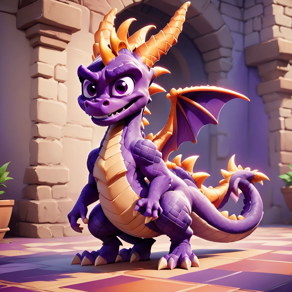 Spyro, macro, open mouth, full body, fang, no humans, standing, purple eyes, checkered floor, back, ((thick tail bottom)), vore