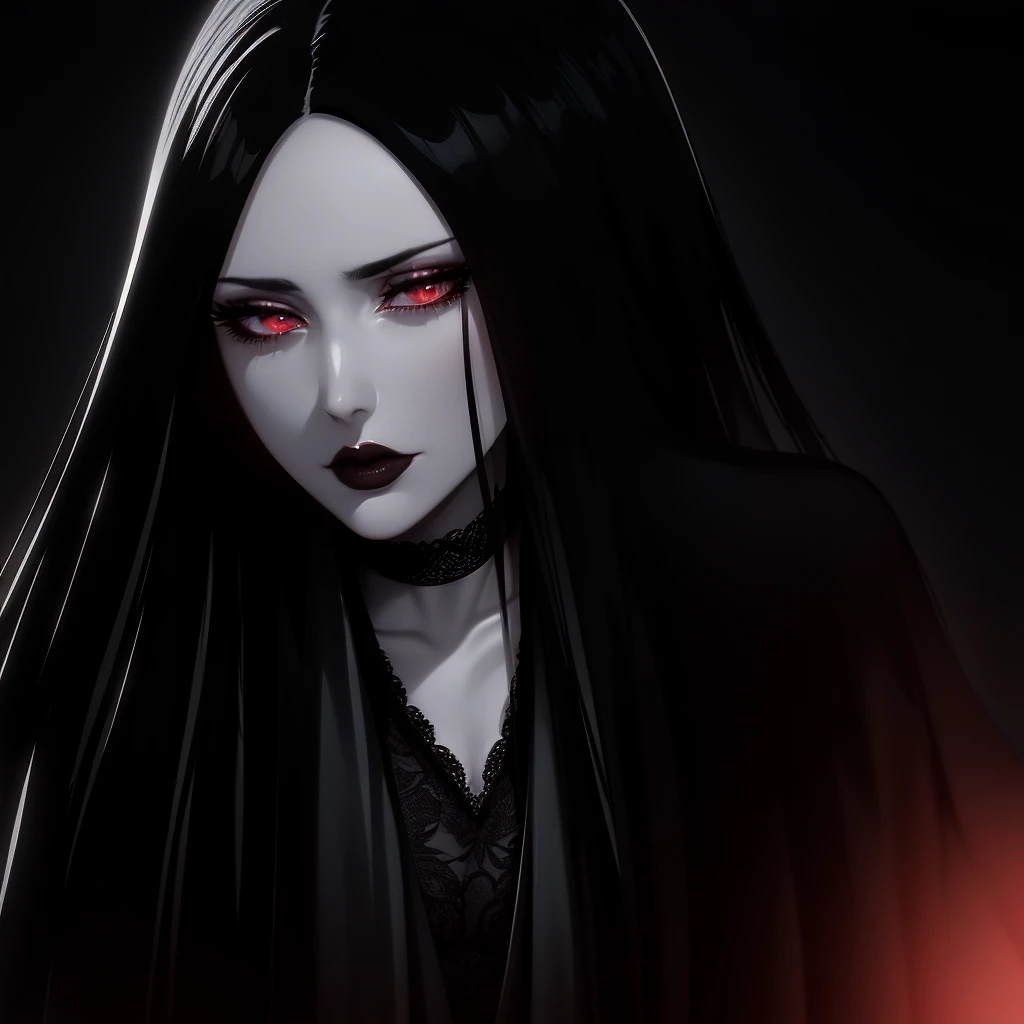 a beautiful gothic woman with dark makeup, pale skin, dark red lips, dramatic smoky eyes, long dark lashes, dark hair, pale skin, black lace choker, dark clothing, mysterious expression, dramatic lighting, highly detailed, photorealistic, 8k, intricate details, chiaroscuro lighting, moody atmosphere, cinematic composition