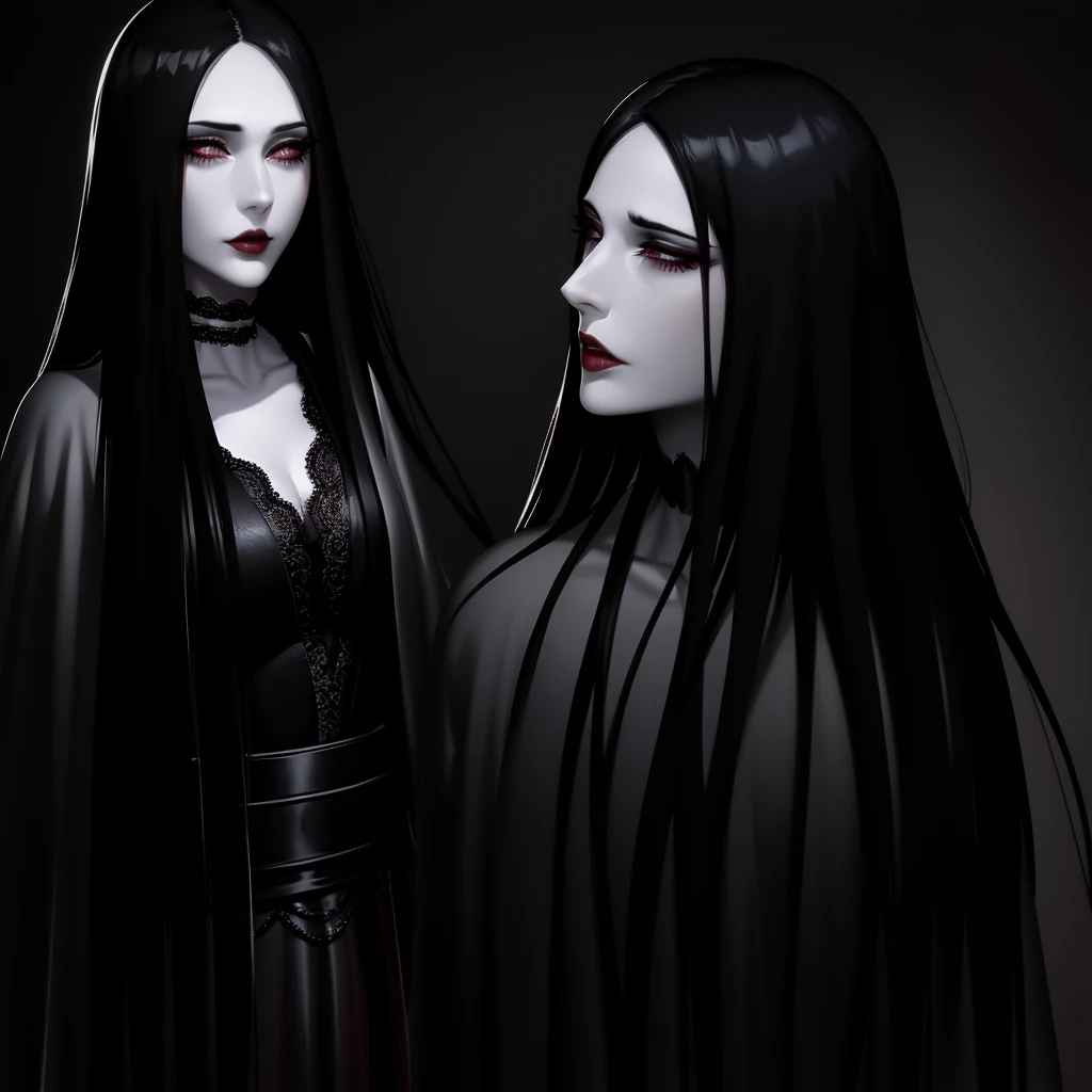 a beautiful gothic woman with dark makeup, pale skin, dark red lips, dramatic smoky eyes, long dark lashes, dark hair, pale skin, black lace choker, dark clothing, mysterious expression, dramatic lighting, highly detailed, photorealistic, 8k, intricate details, chiaroscuro lighting, moody atmosphere, cinematic composition