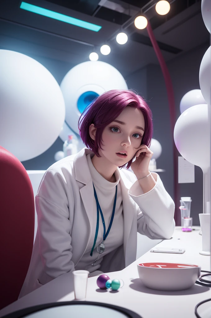 work of art, best qualityer, (Anxiety_InsideOut , white labcoat, maroon hair,  cups, Anxiety ),   colorful glowing spheres, pixar, animated cartoon, 3D rendering, sfw, 