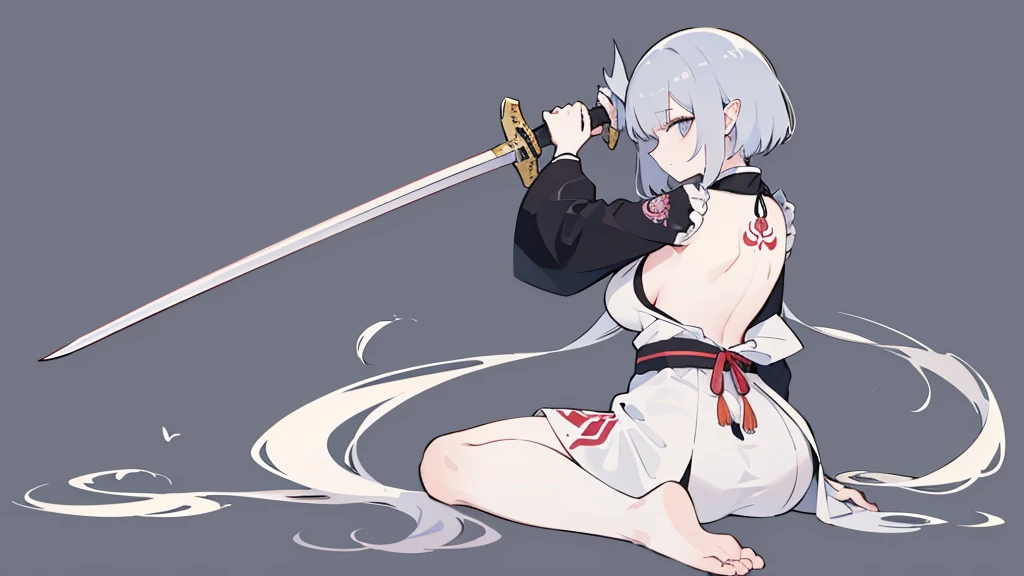 A woman sitting upright with her back turned,Large Japanese style tattoo on the back,Fluttering back,Take off your top,Holding a sword in both hands,force,cool,Gray background