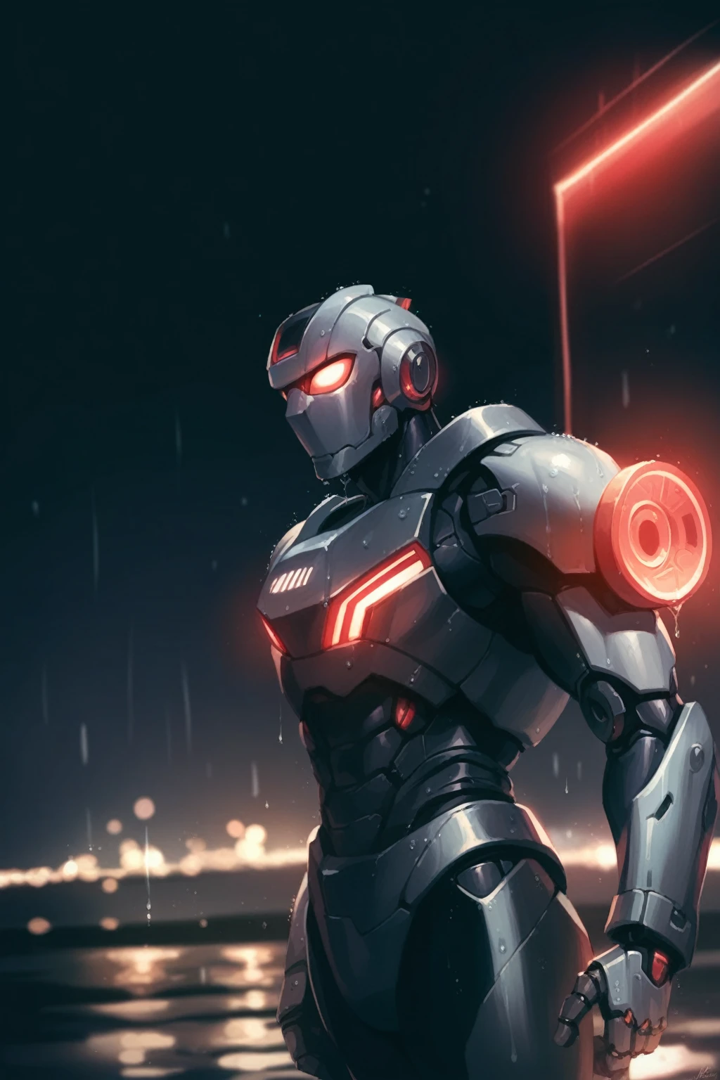 With the rain falling over the cyborg as he looks down and the water drops splash on him