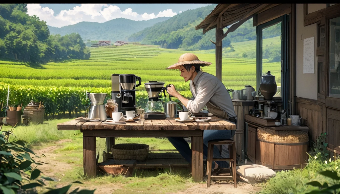 Create an image about coffee with the following scenario: A green field with coffee plantations. In the center of the image, a robust and determined man, wearing practical work clothes (jeans, long-sleeved shirt and straw hat), . in front of him is a rustic table with a steaming cup of coffee and an antique coffee maker. Many colors in the scenery, highlighting the beauty of the countryside and the man's dedication to his work. I don't want anything written, just images