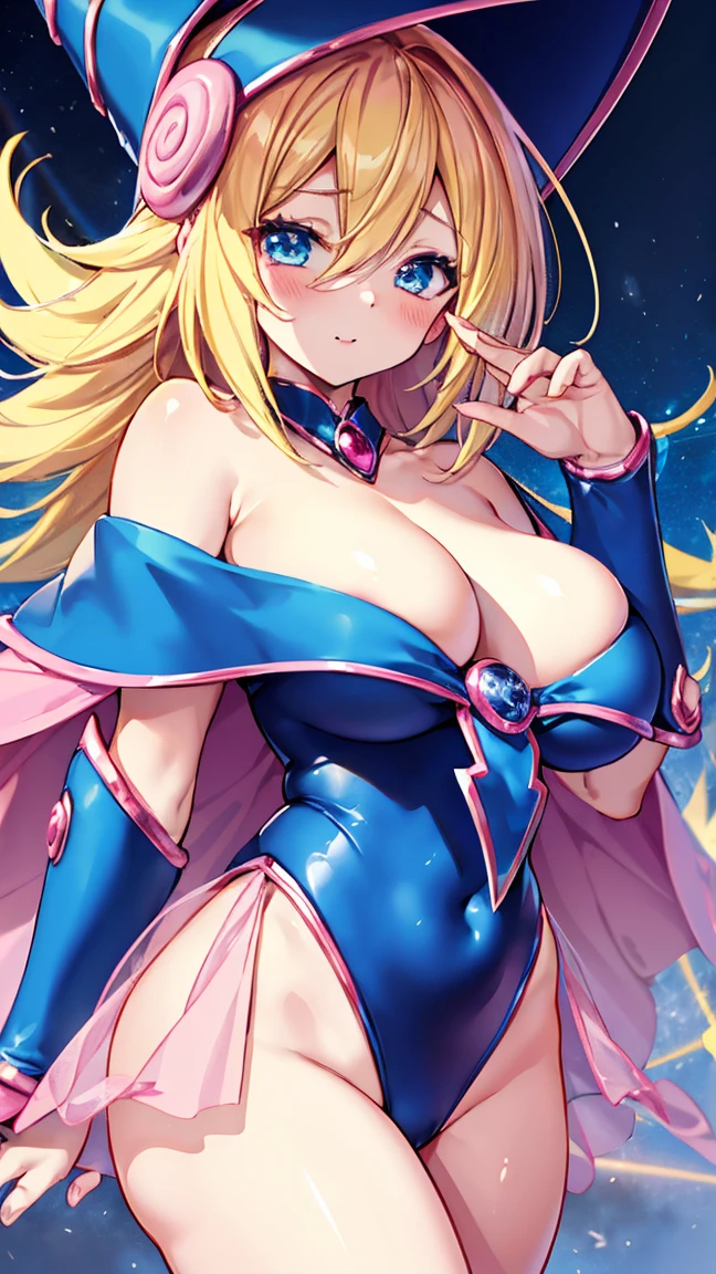 Black Magician Girl、super breasts、thick thighs、blonde hair、magic circle、8K, 4k, highest quality, High resolution: 1.2),winking、One breast exposed、cute anime face、Pink blush on cheeks、noise removal、Leotard that bites into