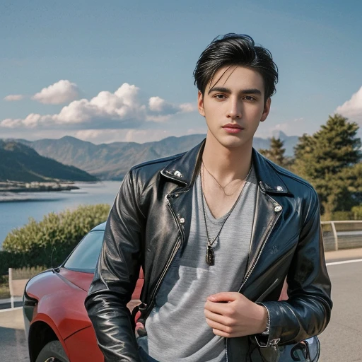 Man Aarav wears a black leather jacket and poses for a photo., Portrait of Jughead Jones, male actor, handsome man，short black hair asian man, beautiful haraam man,stereoscopic 8k,45 high quality colored lights,000,000,000 pixels, photo, post-trade photo, animation, Beautiful, realistic portraits.