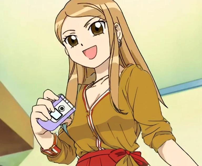 anime girl with Red shirt and brown jeans holding a cell phone, anime girl named lucy, anya from spy x family, anime style”, yami kawaii, as an anime character, beautiful alluring anime teen, in an anime, my dress up darling anime, tsubasa nakai's style, aya takano color style, topless, nipples, belly botton, marisa kirisame