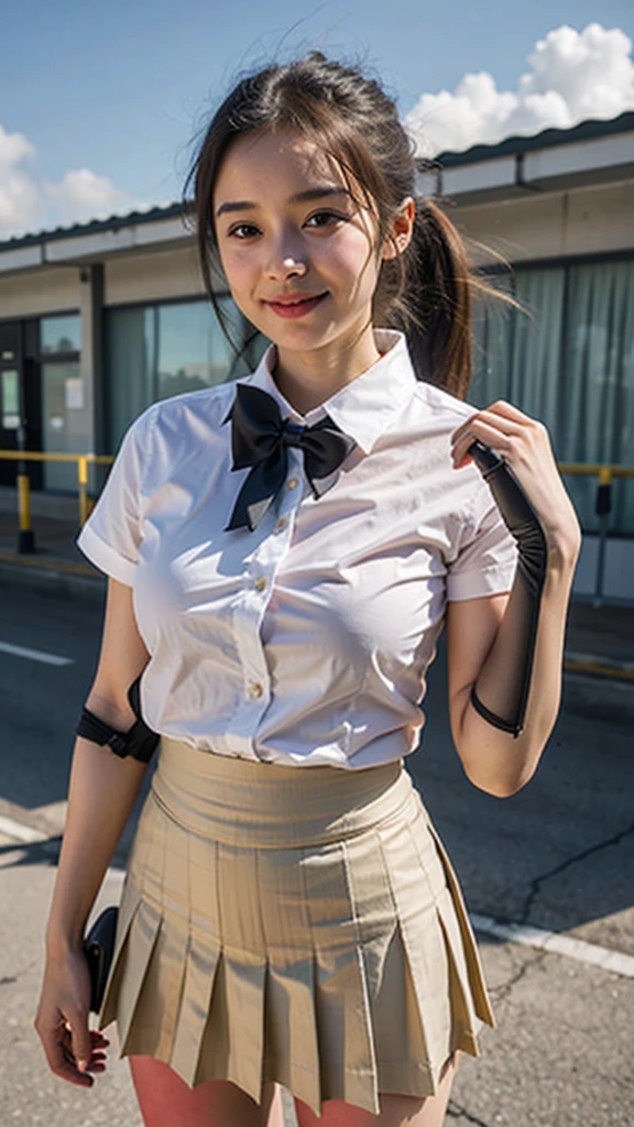 (8K, Raw photo, Best Quality, masutepiece:1.2), (Realistic, Photorealsitic:1.37), Ultra-detailed, 1 girl, Very cute girl,Beautiful detailed sky,Detailed abandoned school building,summer,(nose blush),Black knee-high socks,Ponytail,14 years old,(Mischievous smile:1.2),(Poses that seduce just a little bit:1.3),G Cup Breasts,Beautiful detailed eyes,(white shirt with a neat tight collar,,,Unexposed skin:1.2), bowtie,Pleated skirt,Floating hair,A slender,Junior high ,