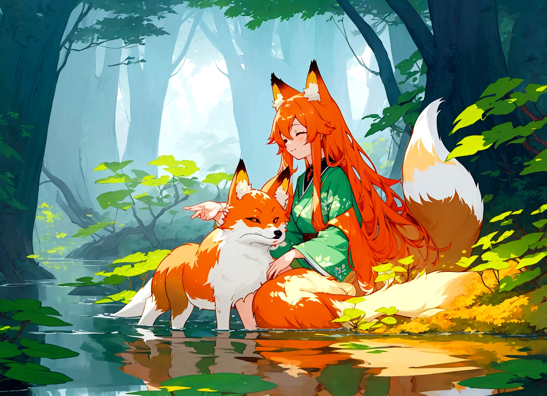 anime fox in the water with leaves on the ground, cute fox, cute detailed digital art, cute artwork, trending on artstation pixiv, pixiv contest winner, relaxing concept art, ethereal fox, cute digital art, cute forest creature, adorable digital painting, pixiv, cute detailed artwork, by Yang J, by Ryan Yee, serene smile, relaxing environment