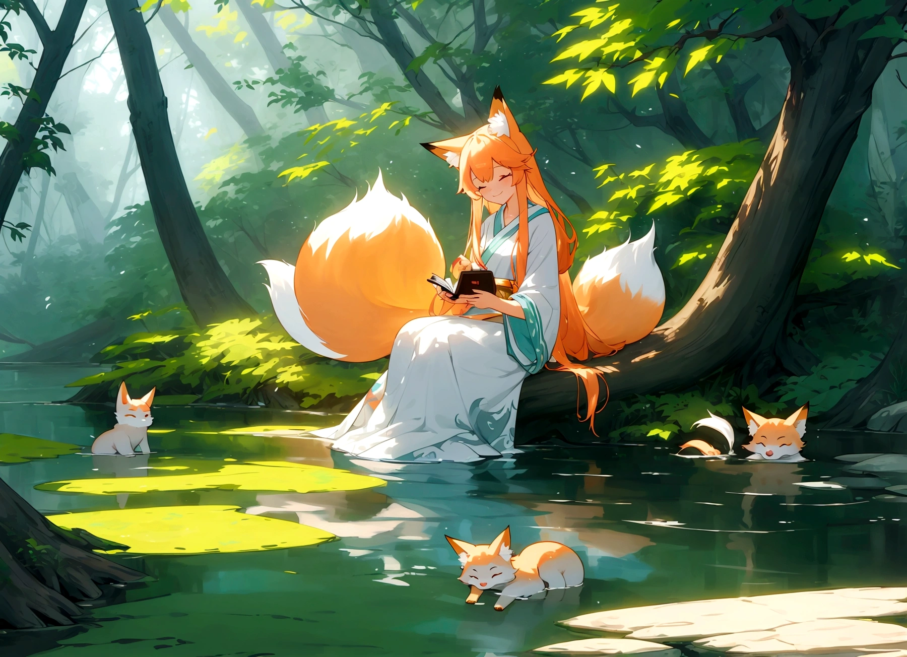 anime fox in the water with leaves on the ground, cute fox, cute detailed digital art, cute artwork, trending on artstation pixiv, pixiv contest winner, relaxing concept art, ethereal fox, cute digital art, cute forest creature, adorable digital painting, pixiv, cute detailed artwork, by Yang J, by Ryan Yee, serene smile, relaxing environment