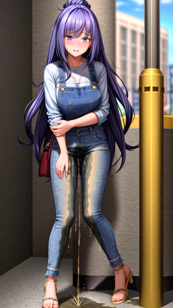 ((best quality, masterpiece:1.3, 8K)), (detailed), highly detailed face and skin texture, detailed eyes, downtown, full body, slender body, 1girl, 25 years old, white skin, blue eyes, worried, embarrassed, long hair, (forehead:0.8), (stylish top:1.2, denim pants, blue jeans), footwear, peeing jeans, peeing pants, pee stain, (wetting herself), desperation,