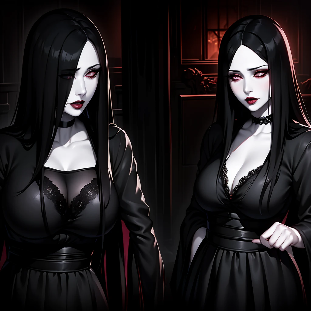 a beautiful gothic woman with dark makeup, pale skin, dark red lips, dramatic smoky eyes, long dark lashes, dark hair, pale skin, black lace choker, dark clothing, mysterious expression, dramatic lighting, highly detailed, photorealistic, 8k, intricate details, chiaroscuro lighting, moody atmosphere, cinematic composition