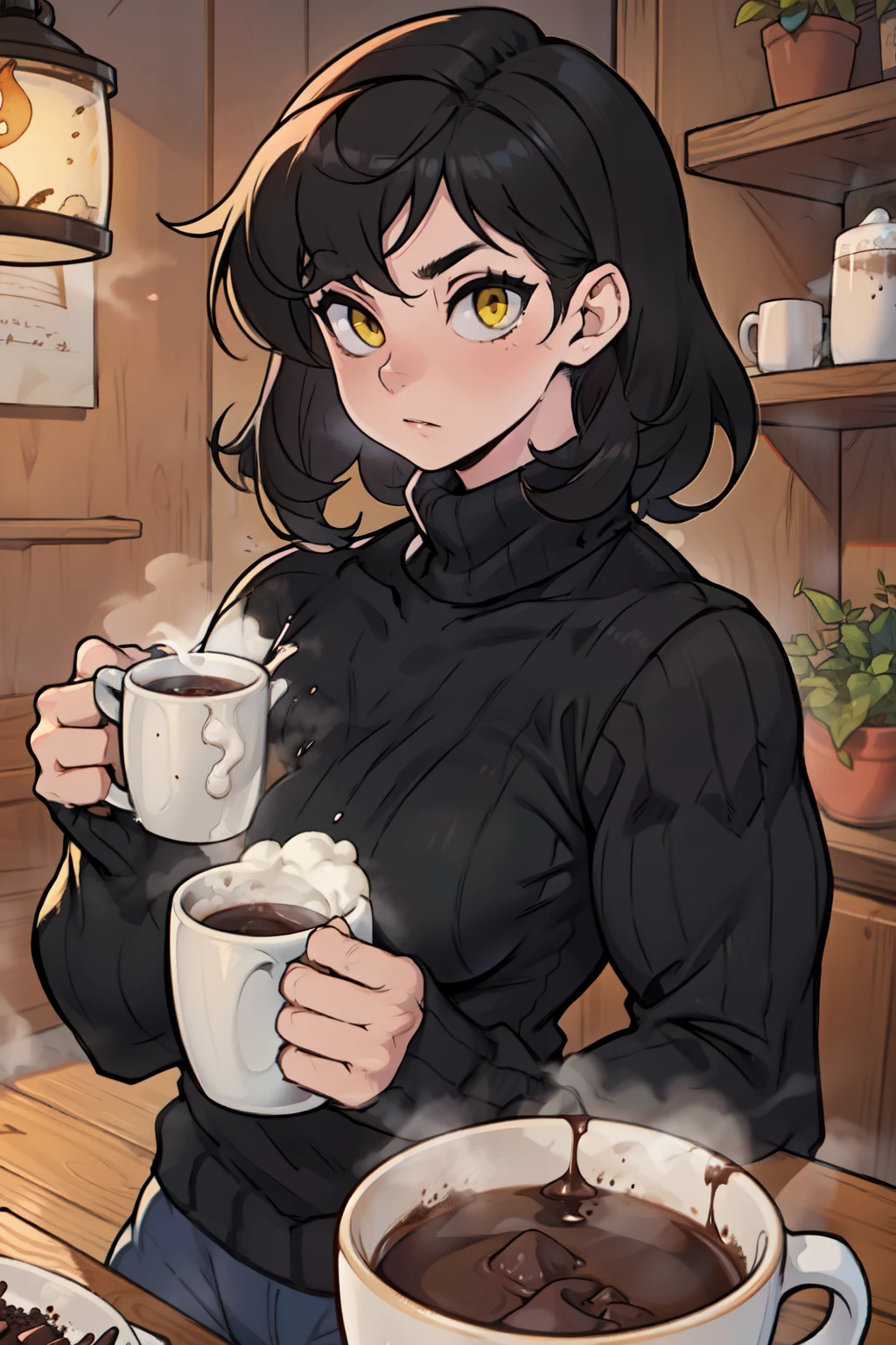 girl muscular girl breasts breasts breasts pale skin black hair yellow eyes thick baggy sweater mug of hot cocoa cozy at home