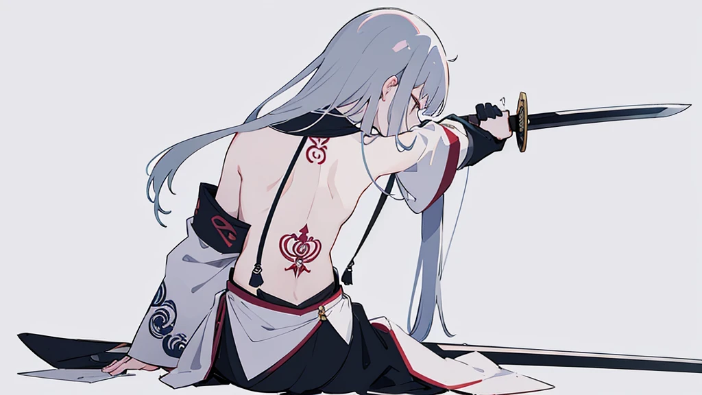 A woman sitting upright with her back turned,Large Japanese style tattoo on the back,Fluttering back,Take off your top,Hold a sword in one hand,force,cool,Gray background