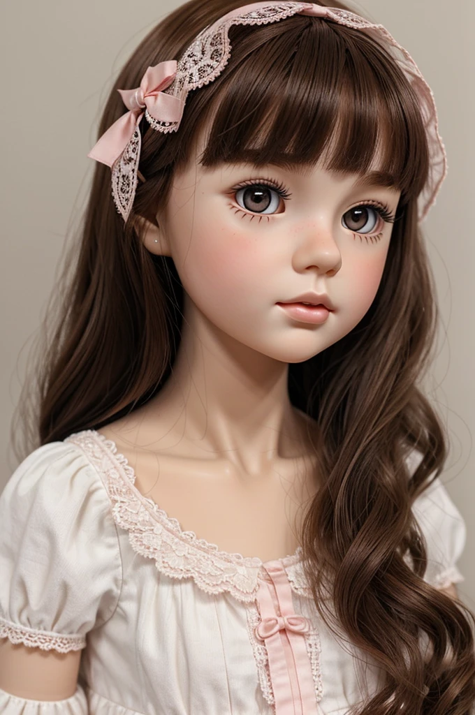 Make me a white skin blythe doll, but not white paper, with subtle rosy cheeks, with open brown eyes, a medium hair, By the shoulders, with bangs, dark brown color and pink white lace clothing, with white lace with a pink bow on the head