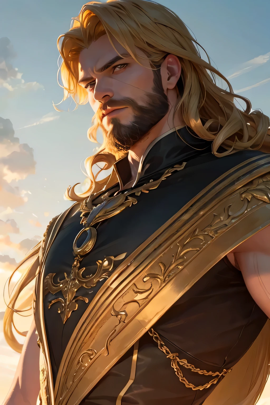 "masterpiece, noise suppression, one man, Best quality, sharp image, permission 8k, male focus, sharp image, stunning composition, volumetric lighting, super quality, Very detailed, fantasy. man fantasy король, curly blonde golden locks, neat light beard, expressive green eyes. King man. man."