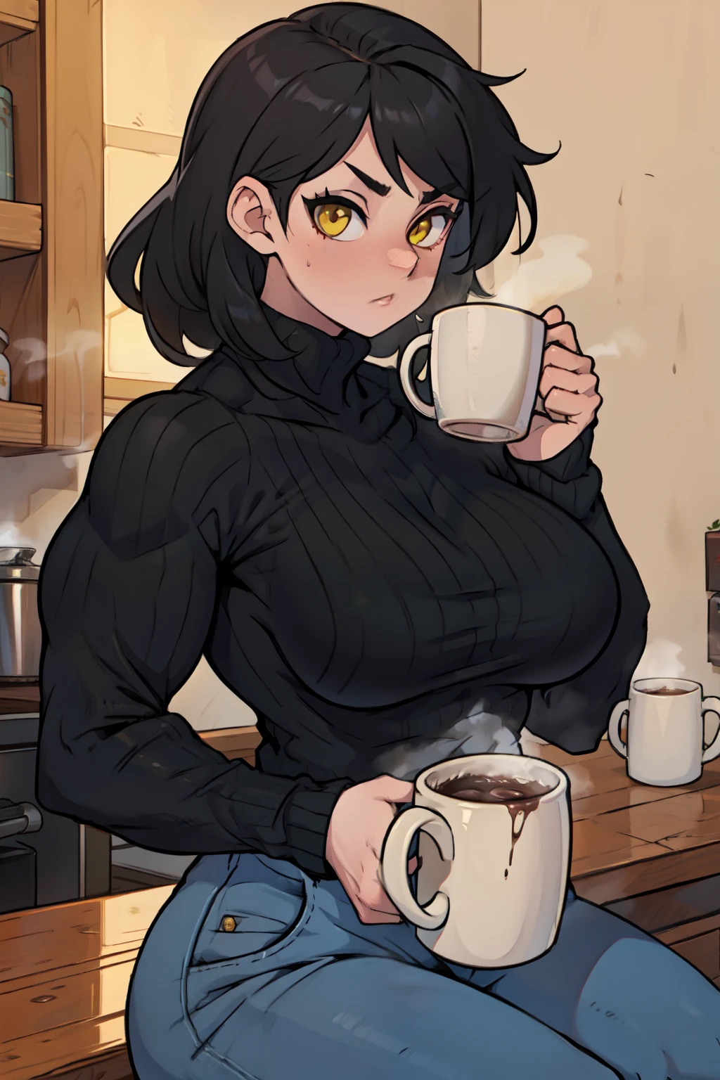 girl muscular girl breasts breasts breasts pale skin black hair yellow eyes thick baggy sweater mug of hot cocoa cozy at home
