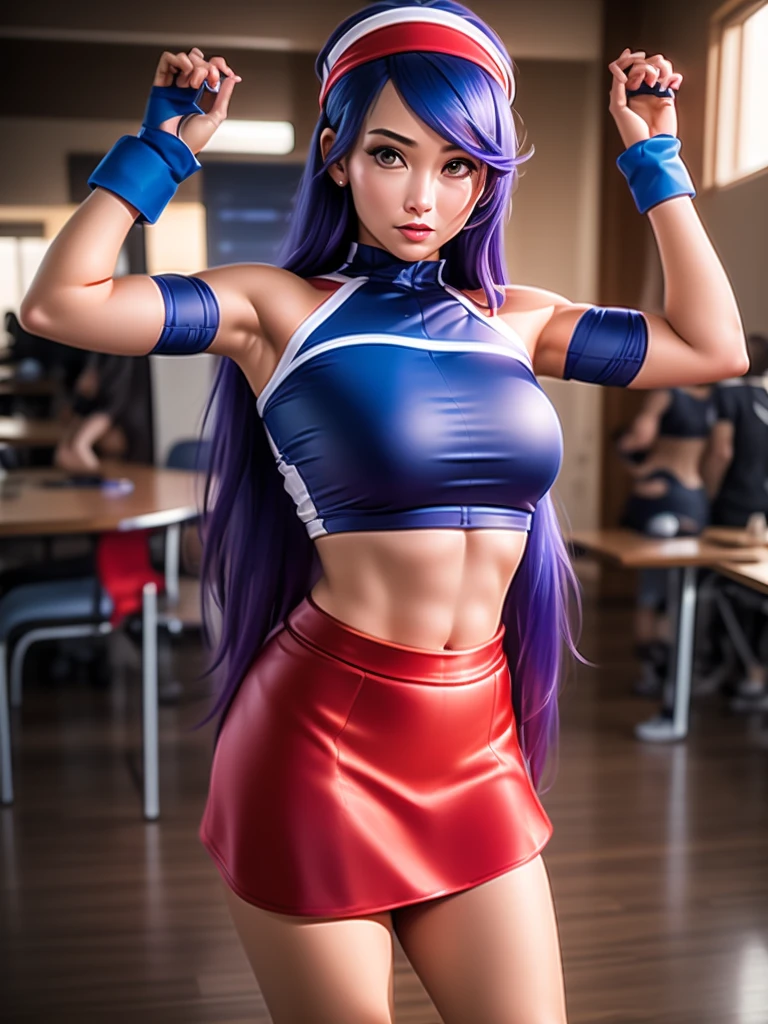 20-year-old woman, alone, alone, athletic, sexy body, wears a short red skirt, wears a blue shorts under the skirt, wears a red and blue top, wears blue exercise gloves that cover her entire forearm, wears The head has a white headband with a star, long blue hair is loose, it is wearing blue sports sneakers, it is expelling great power from its body, looking at the viewer seriously, cinematic, ultra-sharp focus, award-winning photography, perfect contrast, high