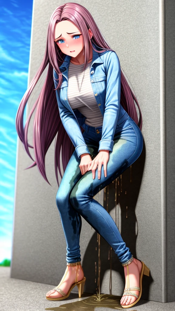 ((best quality, masterpiece:1.3, 8K)), (detailed), highly detailed face and skin texture, detailed eyes, downtown, full body, slender body, 1girl, 25 years old, white skin, blue eyes, worried, embarrassed, long hair, (forehead:0.8), (stylish top:1.2), denim pants, blue jeans, footwear, peeing jeans, peeing pants, pee stain, (wetting herself), desperation,