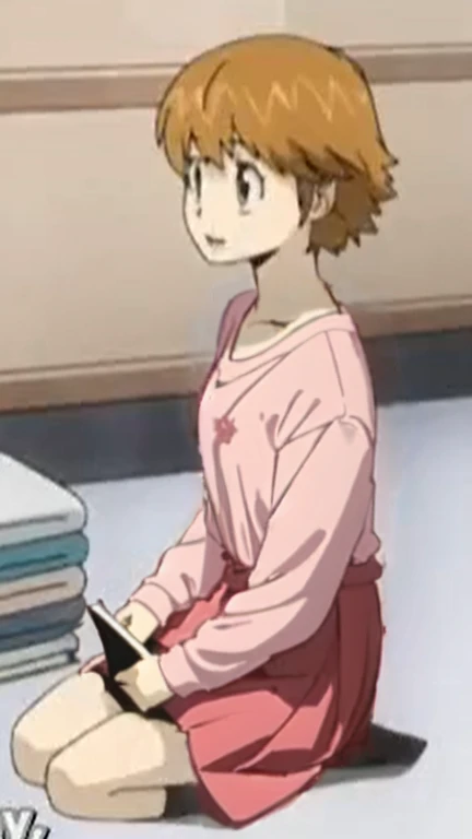 a close up of a person sitting on the ground with a book, in an anime, a pink dress and white t shirt outfitt