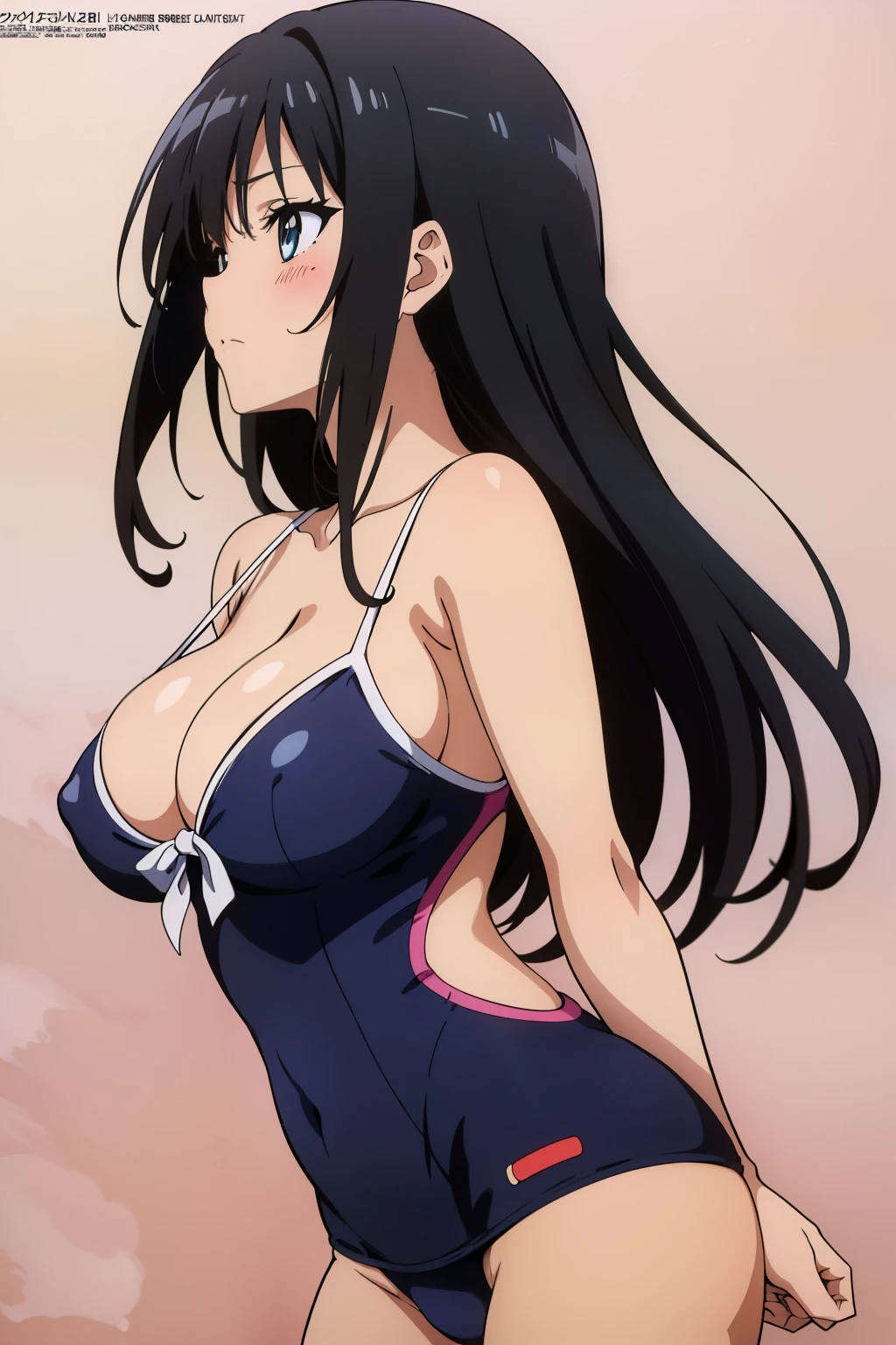 (masutepiece, Best Quality, High resolution, anime colours, megami magazine:1.2, anime poster style, anime keyvisual, sharp, 8k, photorealistic), from side, (beautiful eyes:1.5, beautiful face), Kotegawa Yui, 1girl, solo, Cute, blush, (Long Black Hair), (sagging large breasts), (white onepiece swimsuit), cleavage, (arm behind back, cowboy shot), (Perfect detailed Anatomy, beautiful detailed hair, perfect detailed body:1.2, shiny skin), (thick outline, Beautiful outlines, black outlines), simple background,