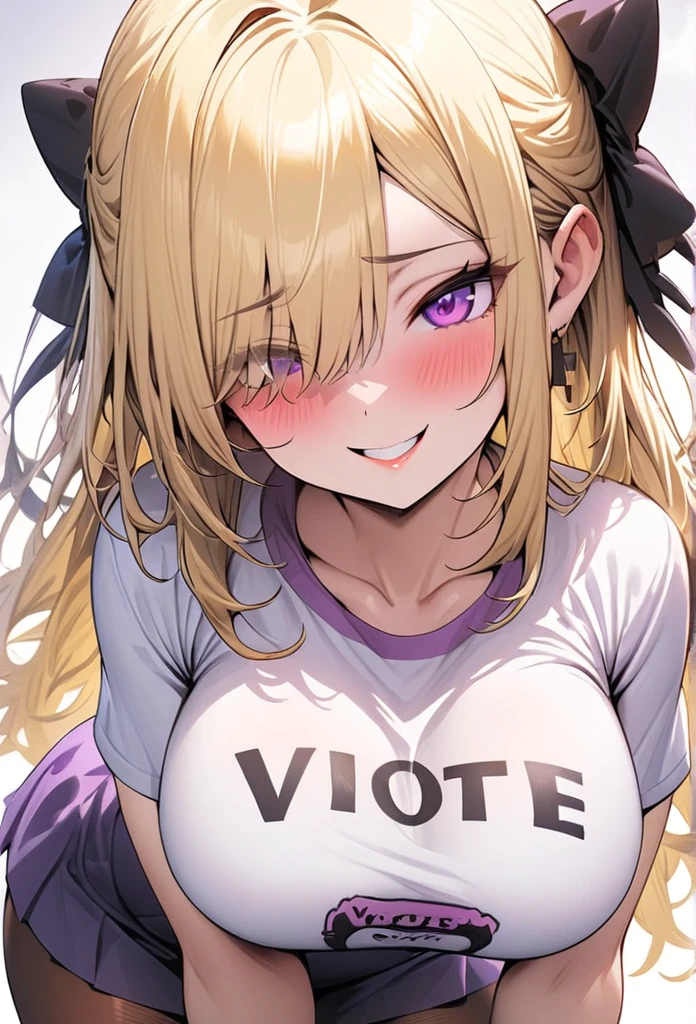 ((Best Quality)), ((Masterpiece)), (detailed), 1 girl, Pastel yellow hair, long hair, hair covers one eye, purple eyes, tight, big breasts, big thighs, expression smiling shy, white vote t-shirt, purple skirt, brown pantyhose