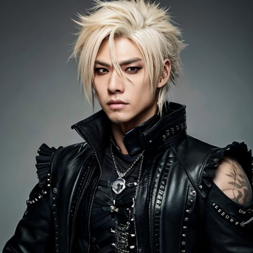 1 japanese male rocker, asien eyes, Visual Kai hairstyle, ultra detailed face and body, hyperrealistic, realistic representation, muscular, broad shoulders, tattoos gothic style, piercings, Visual Kei style, hairstyle Visual Kei, blond, 40 years old, age 40 outfit gothic streampunk, men's shirt and black pants, Asian eyes, eyes Asian, long hair, long hair