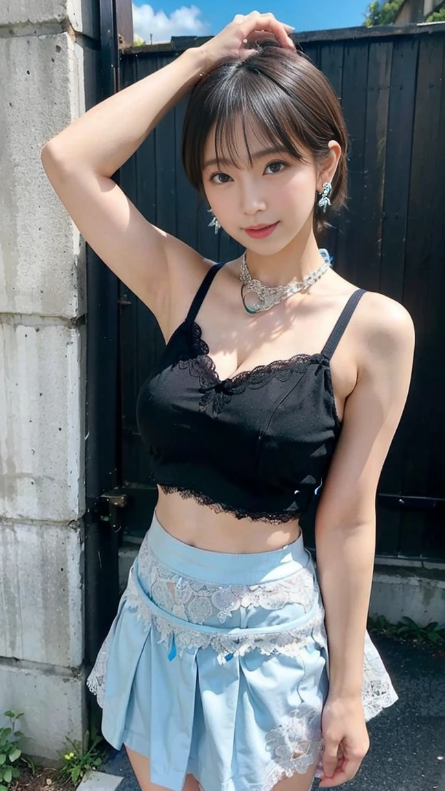 female、20-year-old、Short wavy black hair、bangs、Cat ear、Plump nipples、(White Bikini)、(Blue long skirt)、Black Stockings、Daim Milk、Your smile is cute、((Poses that accentuate the buttocks、Look Back)、Sexy Hips、Black high heels、Big Necklace、((((The wind blew my skirt away、Panties exposed...)))、(Light blue lace panties)、Cute earrings、(Tilt your head a little)